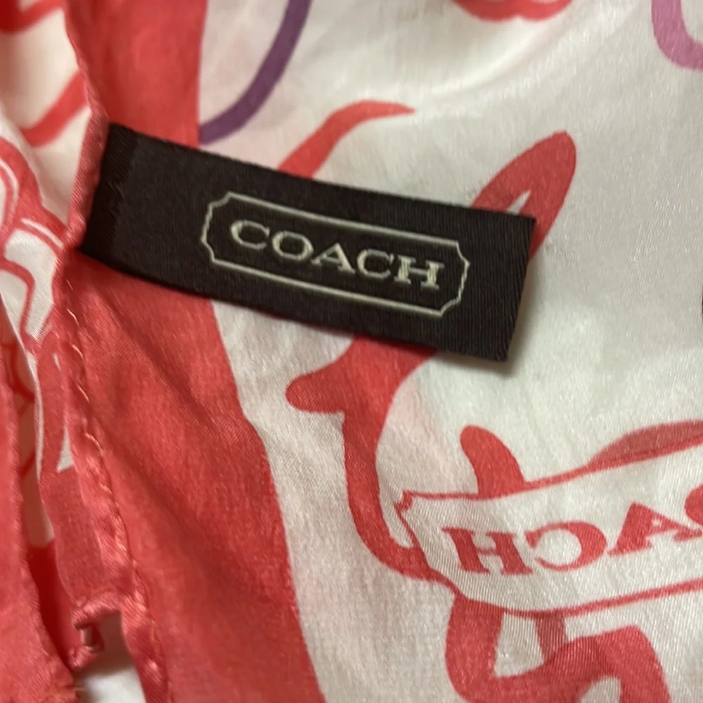 Coach Cream Silk Scarf with Red Border and Multicolor Script - Picture 4 of 9